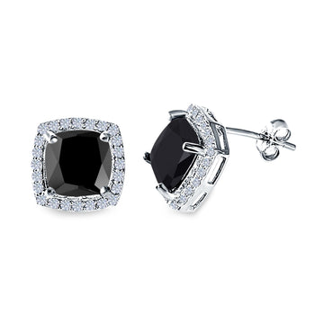 Cushion Cut Stud Earrings Simulated Black CZ 925 Sterling Silver